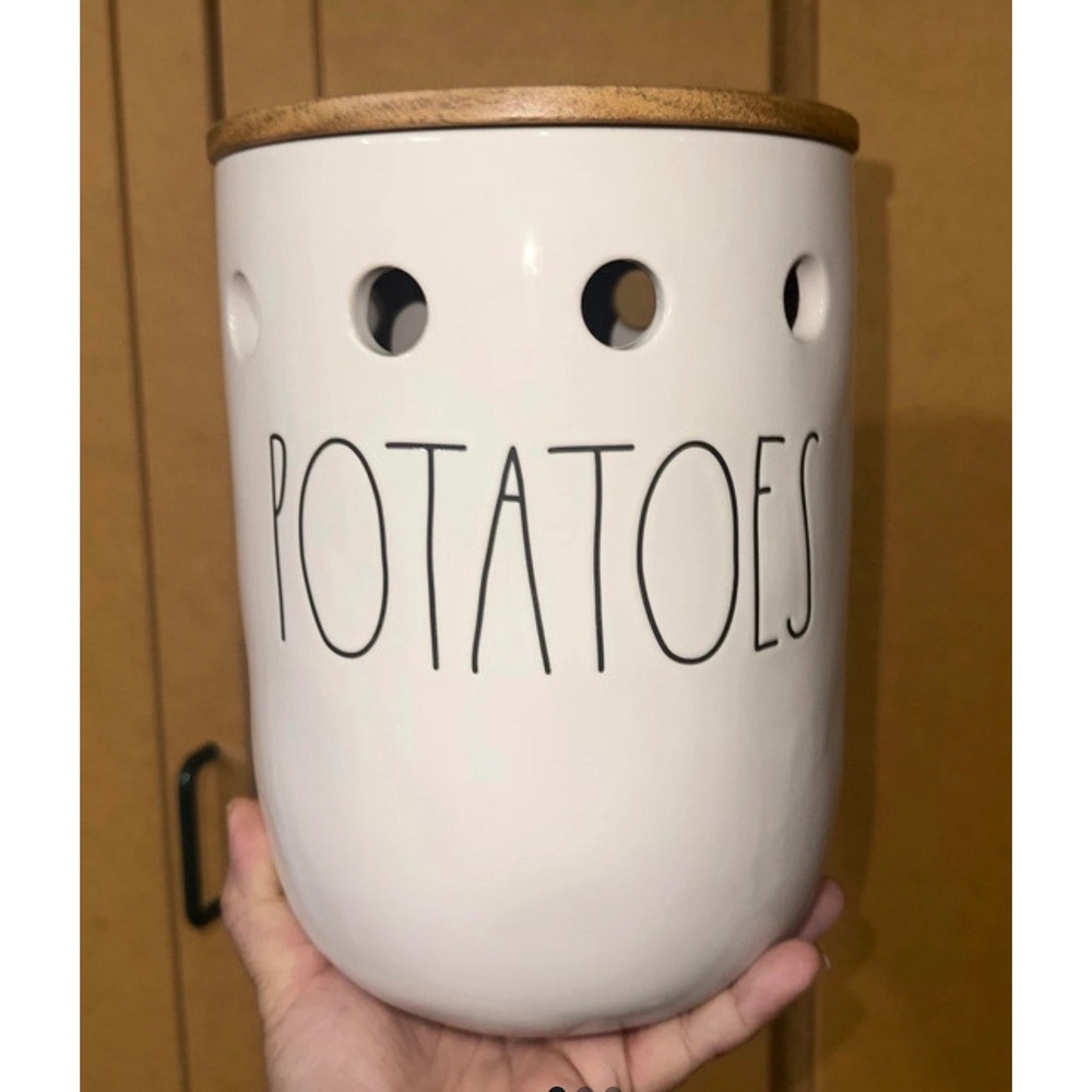 Rae Dunn Potatoes Ceramic Cellar Canister with Wood Lid White Farmhouse Magenta